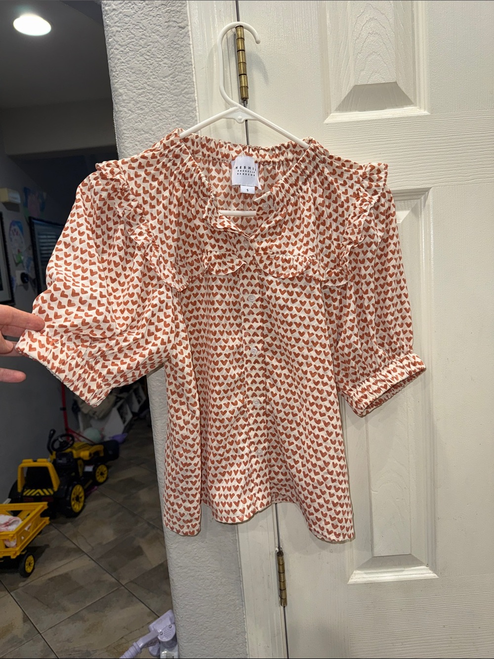 The Shirt by Rochelle Behrens Cream Blouse with Rust Heart Print